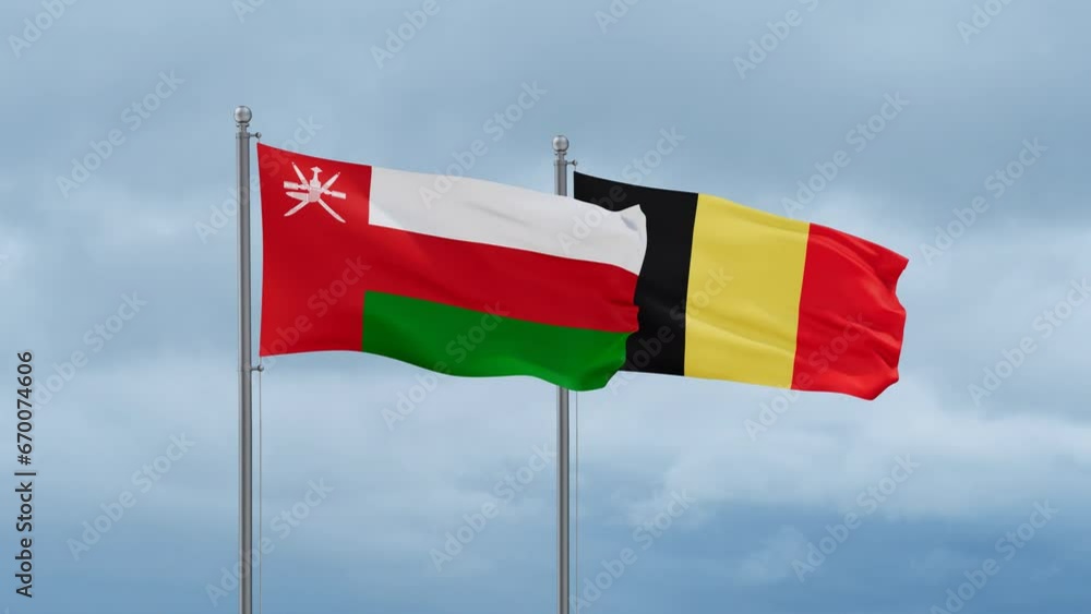 Belgium flag and Oman flag waving together on cloudy sky, endless seamless loop, two country relations concept Belgium flag and Oman flag waving together on cloudy sky, endless seamless loop, two country relations concept