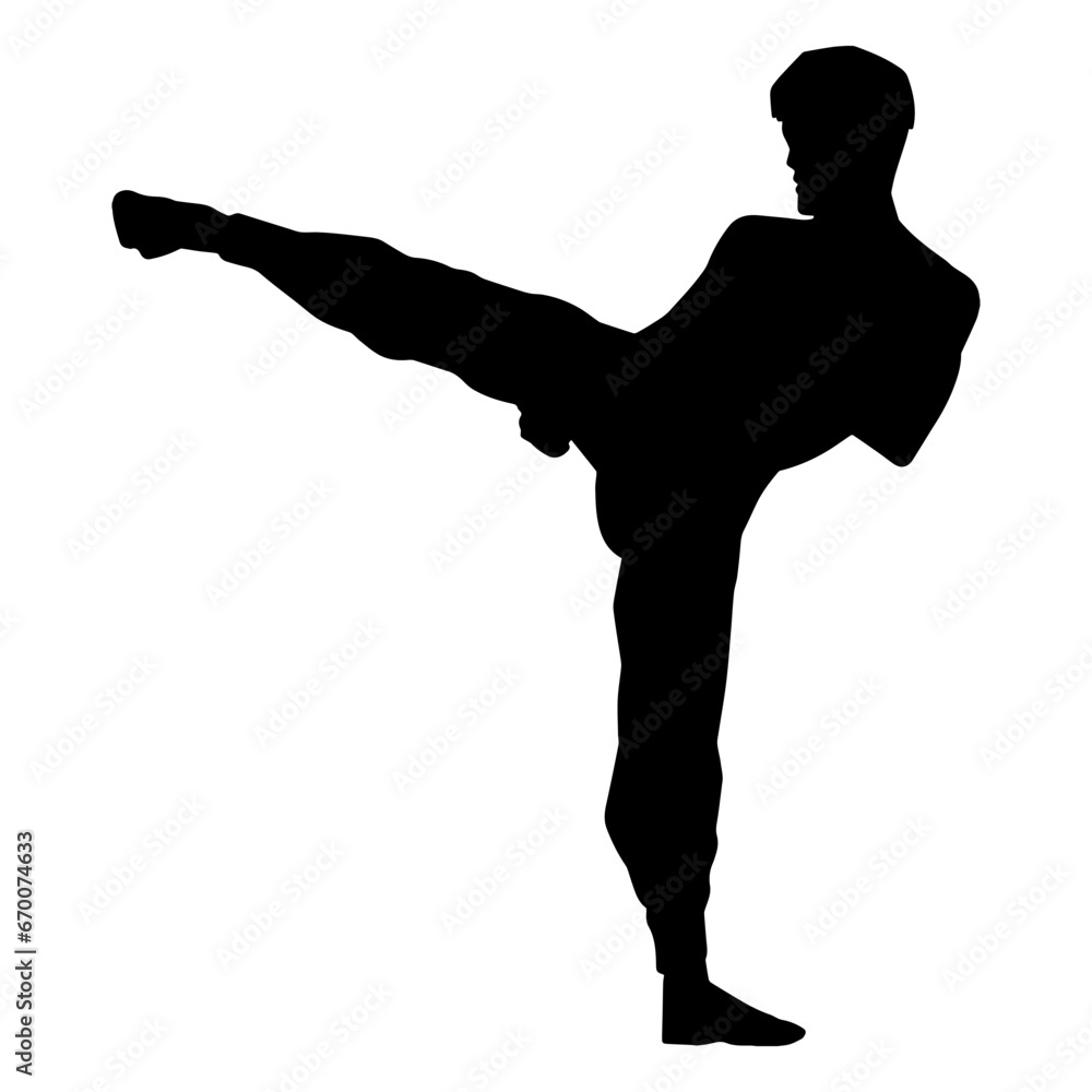 Silhouette of a male doing martial art kick pose. Silhouette of a martial art male doing kicking pose. Silhouette of a male doing martial art kick pose. Silhouette of a martial art male doing kicking pose.