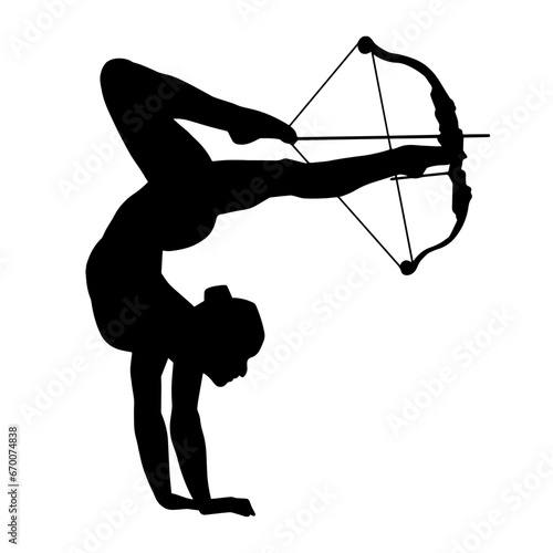 Silhouette of a woman archer doing handstand targeting with her arrow and bow weapon.