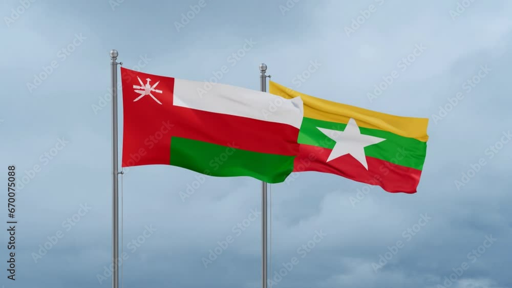 Myanmar aka Burma flag and Oman flag waving together on cloudy sky, endless seamless loop, two country relations concept Myanmar aka Burma flag and Oman flag waving together on cloudy sky, endless seamless loop, two country relations concept