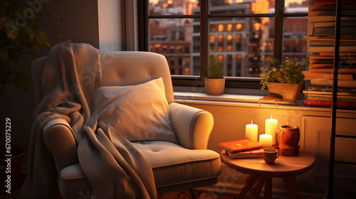 A cozy reading nook by a window, with a comfortable armchair, a stack of books, and a warm throw blanket