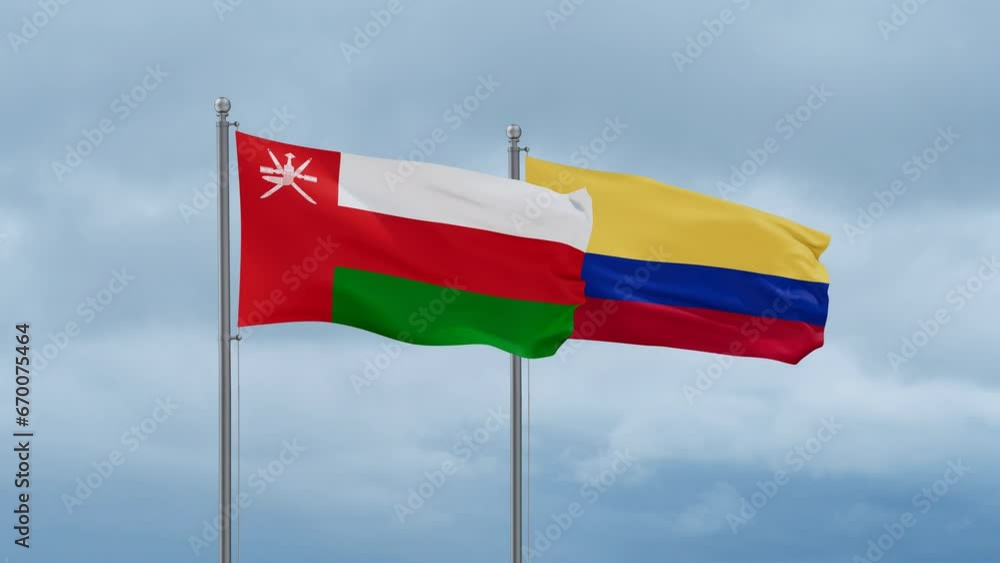 Colombia and Oman flag waving together on cloudy sky, endless seamless loop, two country cooperation concept Colombia and Oman flag waving together on cloudy sky, endless seamless loop, two country cooperation concept