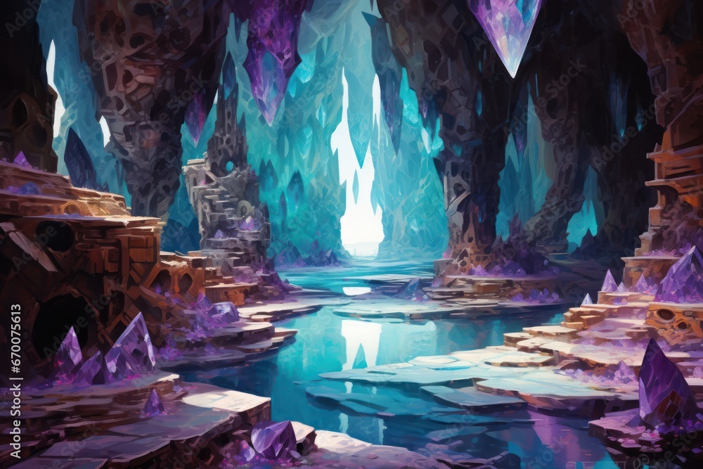Abstract crystal cave with shimmering amethyst geodes and turquoise pools. - obrazy, fototapety, plakaty 