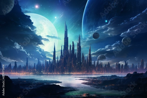 Futuristic night city in distant galaxy. Generative AI photo