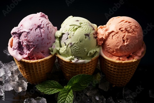 Assorted ice creams in three flavors. Generative AI