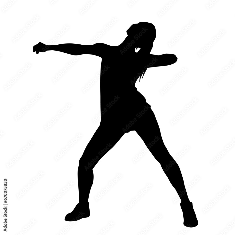 Silhouette of a female dancer in action pose. Silhouette of a woman dancing happily.