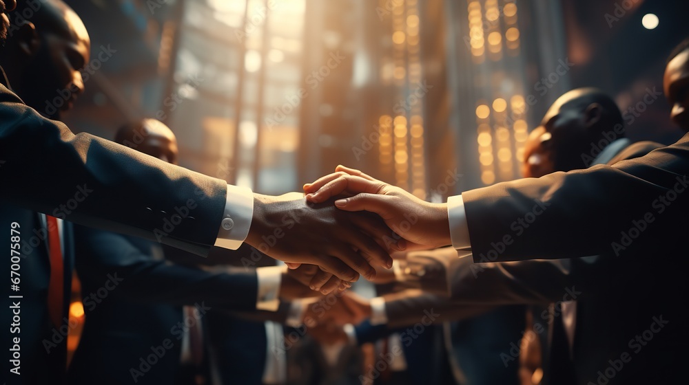 A varied group of businesses joining hands in jubilation, harmony, and teamwork. Generative Ai. A varied group of businesses joining hands in jubilation, harmony, and teamwork. Generative Ai.