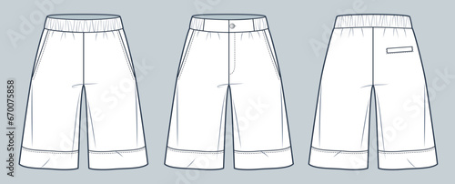 Short Pants technical fashion illustration. Wide Leg Shorts fashion flat technical drawing template, pockets, front and back view, white, women, men, unisex CAD mockup set.