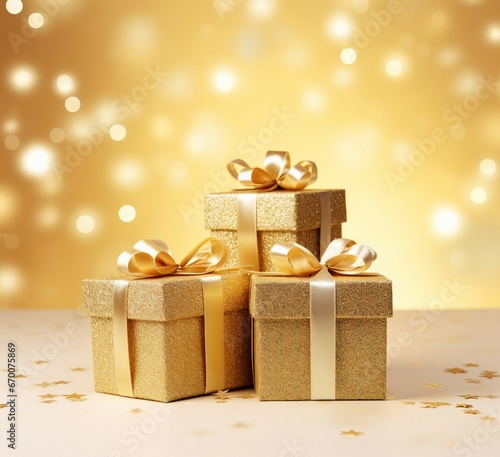 A table with a group of beautifully wrapped gold presents