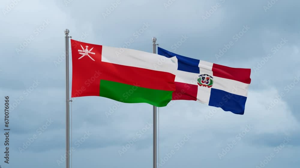 Dominican Republic flag and Oman flag waving together on cloudy sky, endless seamless loop, two country relations concept Dominican Republic flag and Oman flag waving together on cloudy sky, endless seamless loop, two country relations concept