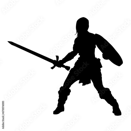 Silhouette of a female warrior in battle armor carrying sword weapon and iron shield.