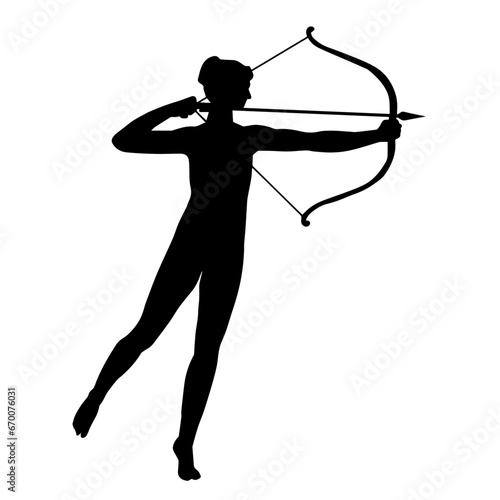 Silhouette of a female archer in action pose. Silhouette of an archer woman in aiming pose with arrow weapon.