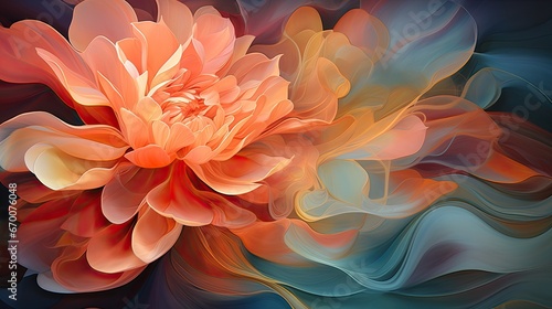 AI-generated illustration of a gracefully flowing peach and blue blossom. MidJourney.