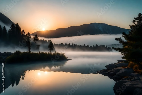 A breathtaking sunrise over a tranquil mountain lake, with mist gently rising from the water. --