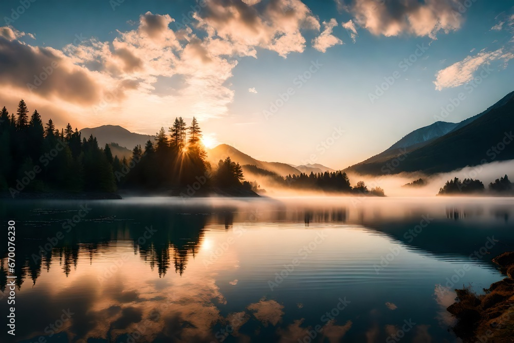 A breathtaking sunrise over a tranquil mountain lake, with mist gently rising from the water. --