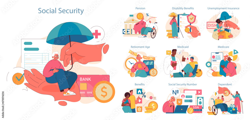 Social Security set. Dive deep into the world of social benefits with diverse individuals navigating pensions, disability perks, and medical aids. Protective hands ensure security . Flat vector. Social Security set. Dive deep into the world of social benefits with diverse individuals navigating pensions, disability perks, and medical aids. Protective hands ensure security . Flat vector.