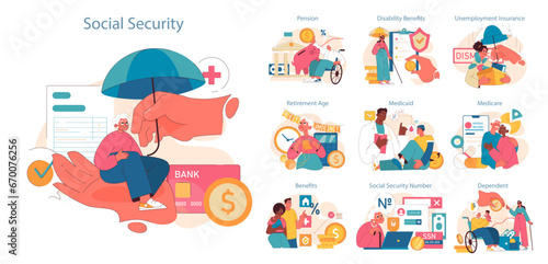 Social Security set. Dive deep into the world of social benefits with diverse individuals navigating pensions, disability perks, and medical aids. Protective hands ensure security . Flat vector. photo