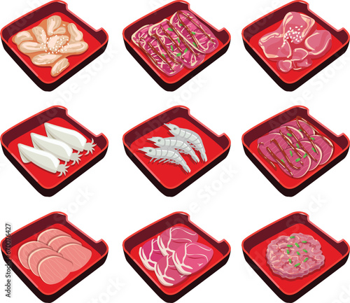 vector set of Shabu menu.pork meat, beef, chicken, seafood ingredient illustration.
shabu, sukiyaki, moo kra ta.