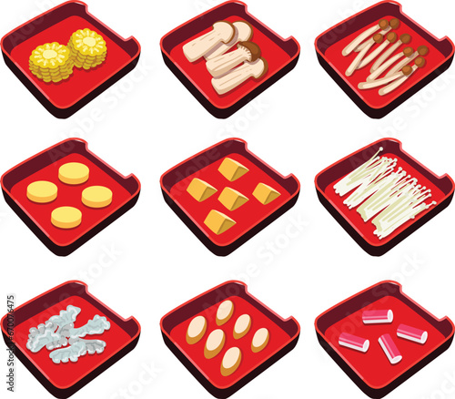 vector set of Shabu menu.pork meat, beef, chicken, seafood ingredient illustration.
shabu, sukiyaki, moo kra ta.