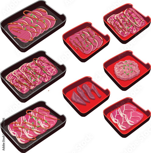 vector set of Shabu menu.pork meat, beef  illustration.
shabu, sukiyaki, moo kra ta.