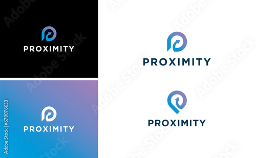 initial P logo proximity with pin location concept  and right arrow direction vector