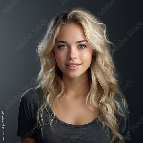 A stunning young blonde grinning and facing the camera against a gray backdrop. Generative Ai.