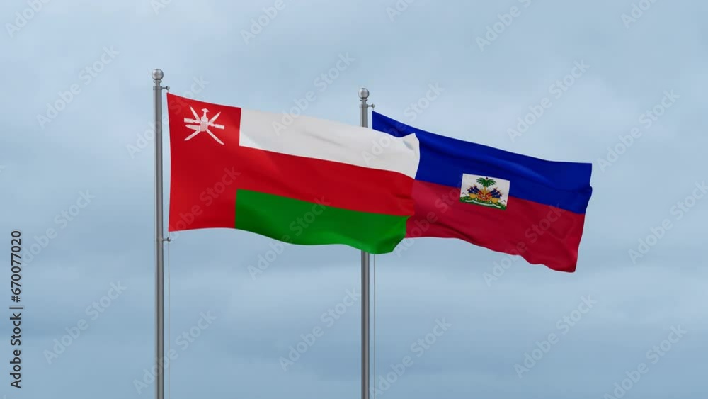 Haiti flag and Oman flag waving together on cloudy sky, endless seamless loop, two country relations concept Haiti flag and Oman flag waving together on cloudy sky, endless seamless loop, two country relations concept