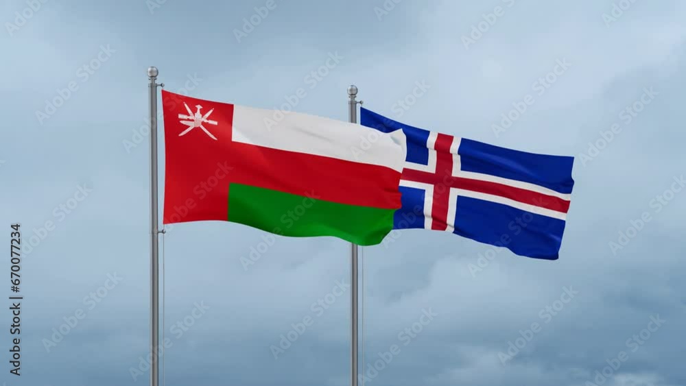 Iceland and Oman flag waving together on cloudy sky, endless seamless loop, two country cooperation concept Iceland and Oman flag waving together on cloudy sky, endless seamless loop, two country cooperation concept