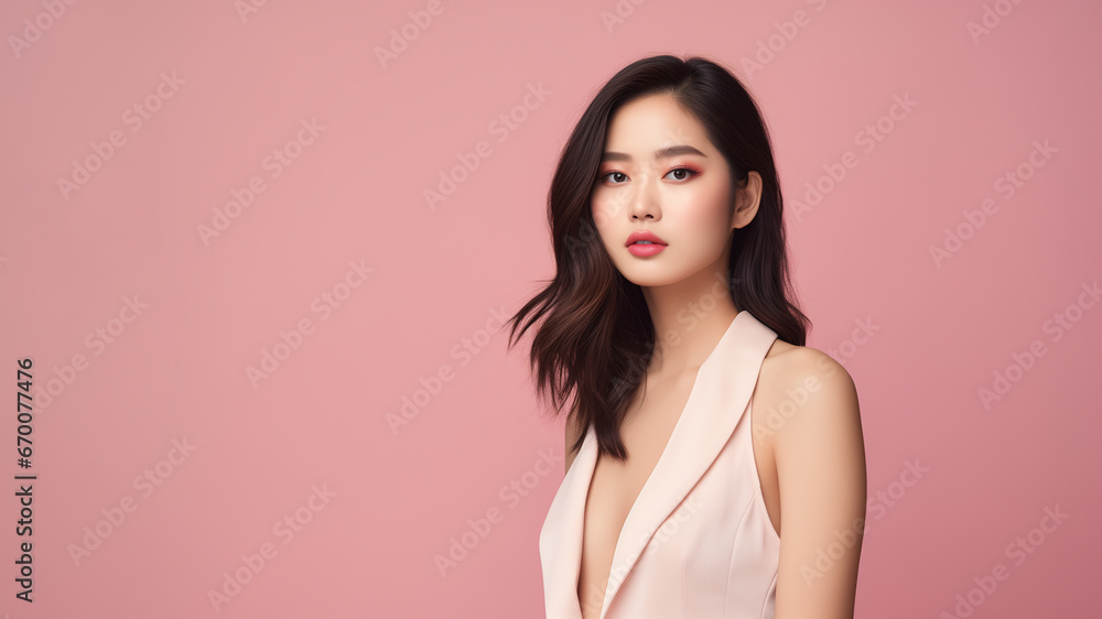 Portrait of young Asian woman isolated on pink background. Concept of health and beauty. Portrait of young Asian woman isolated on pink background. Concept of health and beauty.