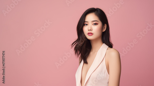 Portrait of young Asian woman isolated on pink background. Concept of health and beauty.