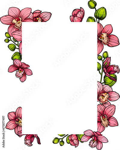 Frame with Pink purple exotic orchid flowers, floral vector illustration for wedding event invitation