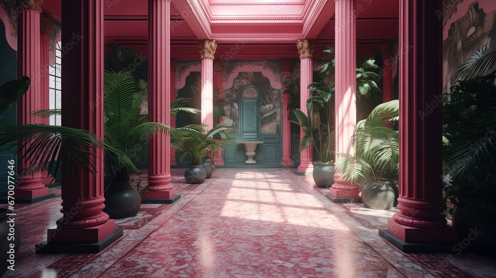 Corridor of pink columns and green plants in vaporwave styled hotel. Corridor of pink columns and green plants in vaporwave styled hotel.