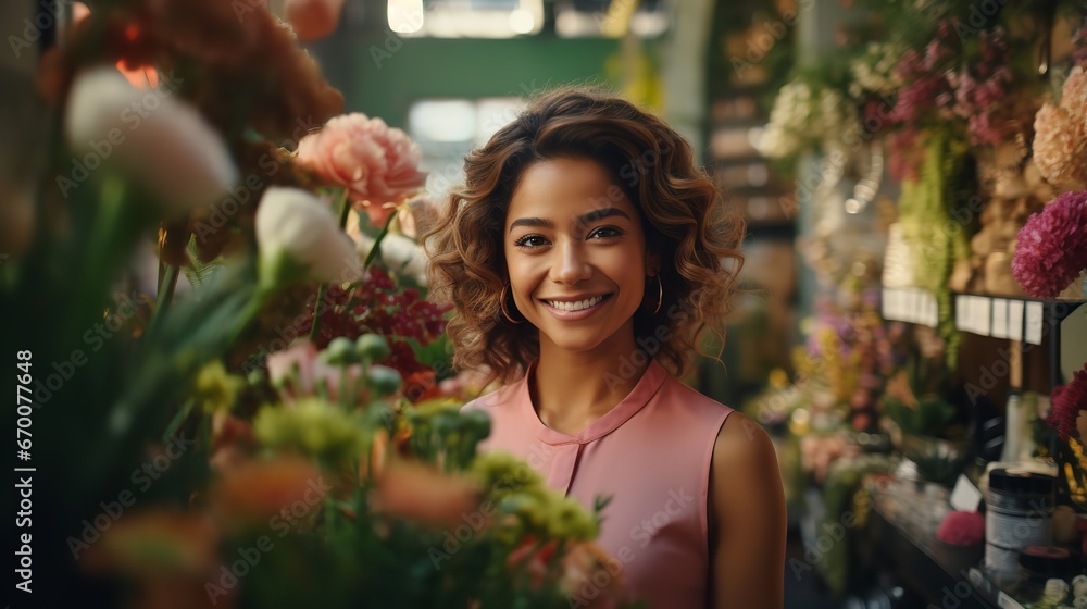Gorgeous Hispanic woman doing a small business at her floral store with a smile. Generative Ai. Gorgeous Hispanic woman doing a small business at her floral store with a smile. Generative Ai.