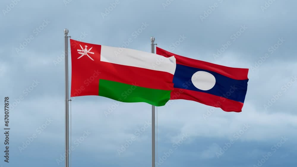 Laos flag and Oman flag waving together on cloudy sky, endless seamless loop, two country relations concept Laos flag and Oman flag waving together on cloudy sky, endless seamless loop, two country relations concept