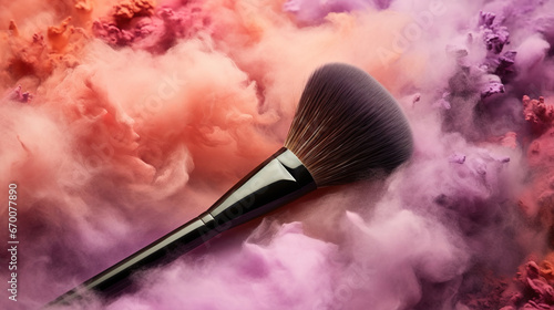 Make-up brush with pink and colorful powder background with copyspace