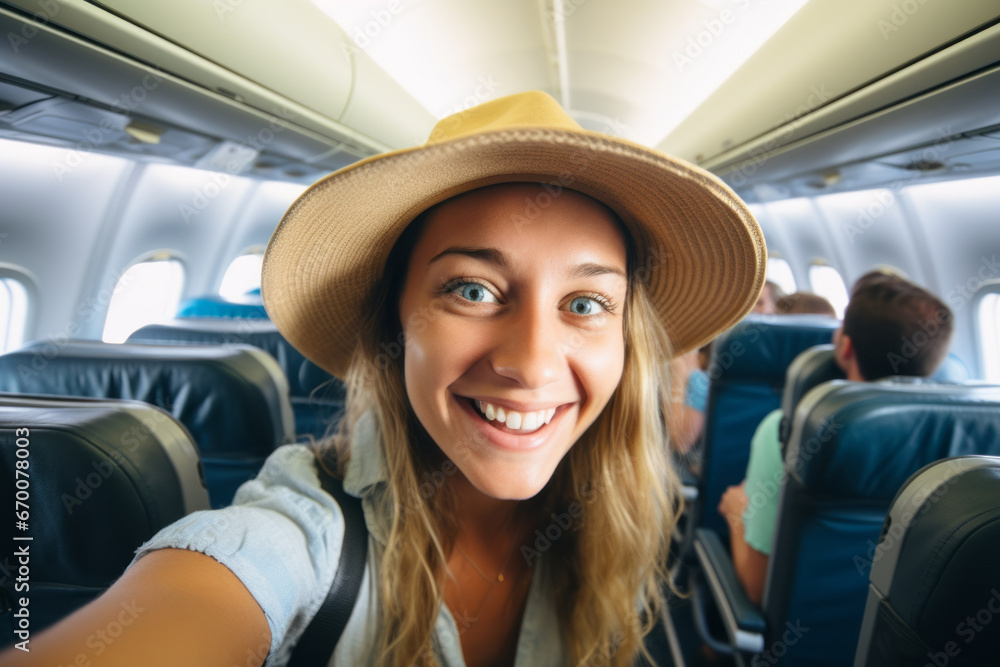 Foto selfie de pasajeros en el avión antes de viajar. Foto selfie de pasajeros en el avión antes de viajar.