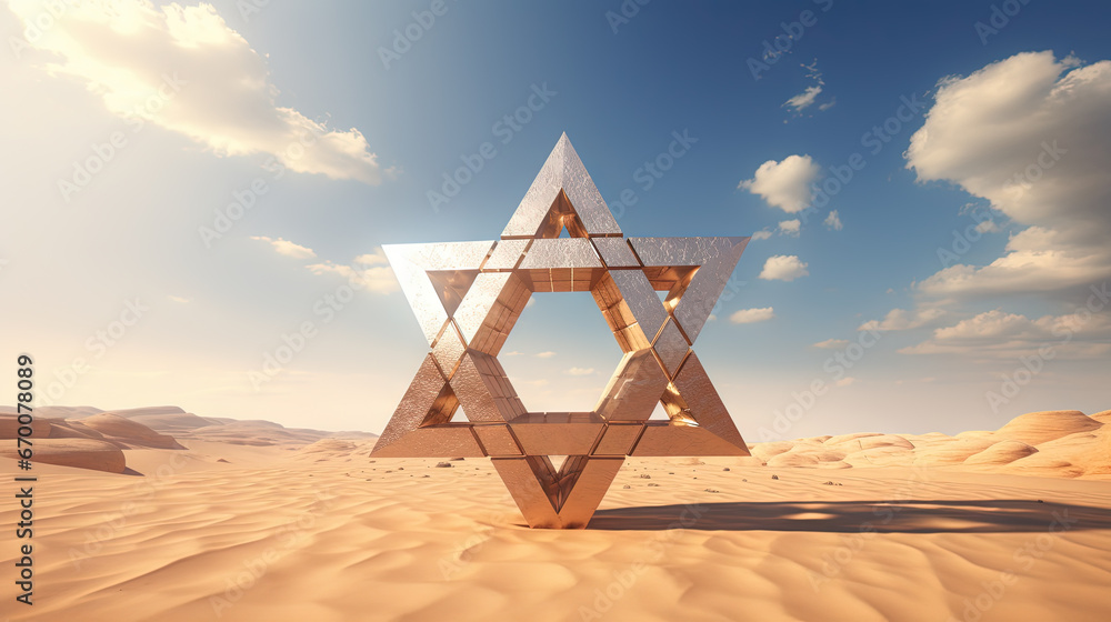 Metallic David star in the sand of desert. Shiny 3D Israel symbol of Magen David. Metallic David star in the sand of desert. Shiny 3D Israel symbol of Magen David.