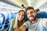 Foto selfie de pasajeros en el avión antes de viajar. 