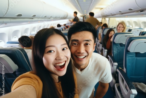 Foto selfie de pasajeros en el avión antes de viajar.  © Carmen Martín J.