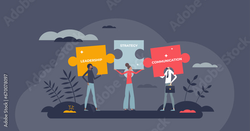 Team collaboration or teamwork with effective partnership tiny person concept. Strong leadership, strategy and communication as key points for business vector illustration. Project staff management.