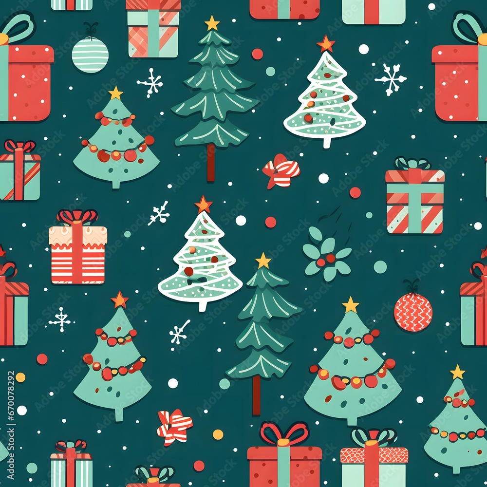 Seamless Pattern christmas elements gift box pine on dark green background