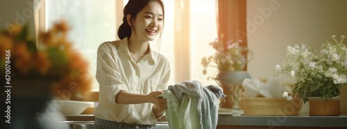 Asian woman washing clothes in washing machine photo