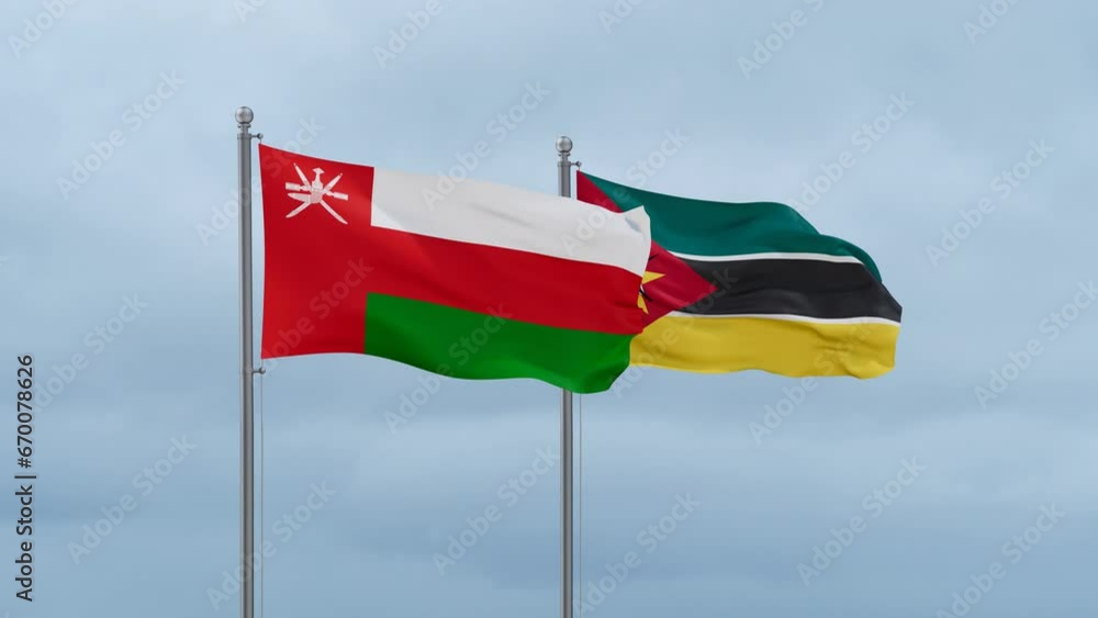 Namibia and Oman flag waving together on cloudy sky, endless seamless loop, two country cooperation concept Namibia and Oman flag waving together on cloudy sky, endless seamless loop, two country cooperation concept