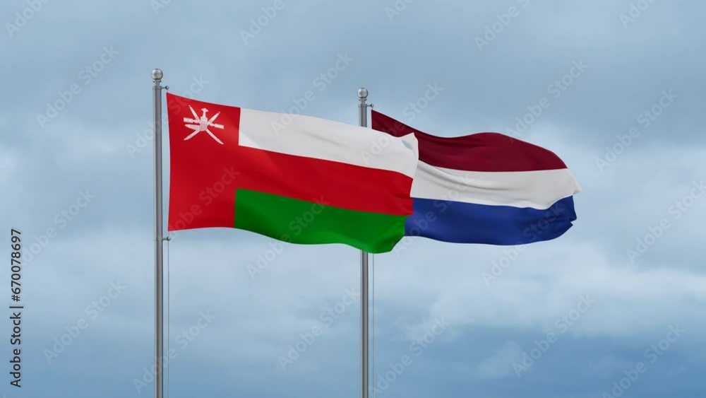 Netherlands flag and Oman flag waving together on cloudy sky, endless seamless loop, two country relations concept Netherlands flag and Oman flag waving together on cloudy sky, endless seamless loop, two country relations concept