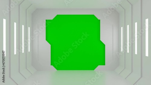 3d animation of spaceship's two sliding doors opening with green screen background