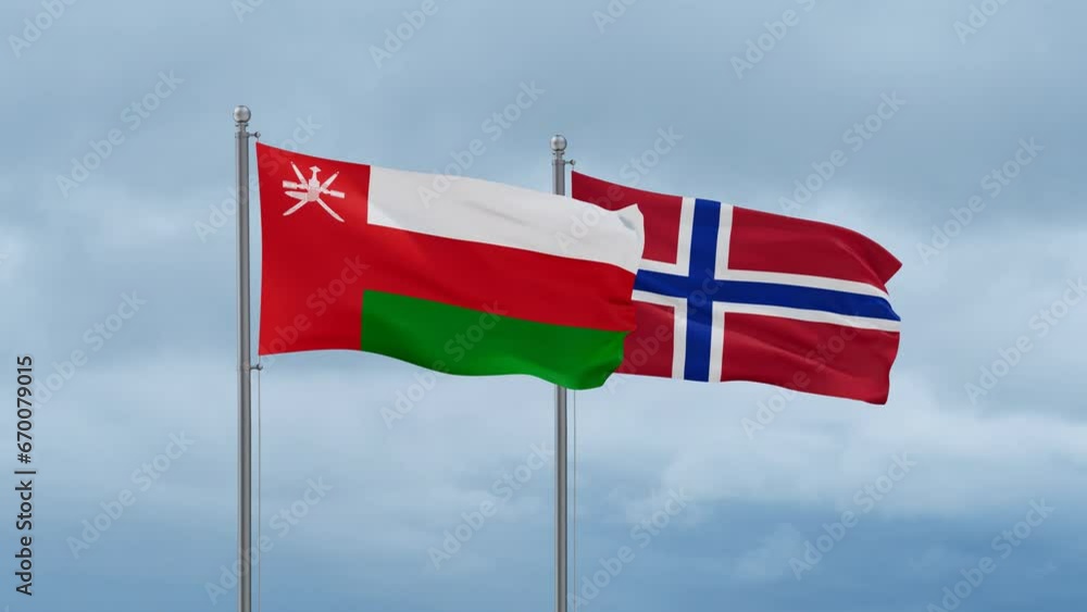 Norway flag and Oman flag waving together on cloudy sky, endless seamless loop, two country relations concept Norway flag and Oman flag waving together on cloudy sky, endless seamless loop, two country relations concept