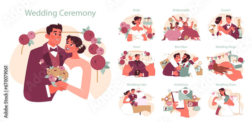 Wedding Ceremony set. Blissful couple ties the knot, surrounded by wedding traditions. Vows exchanged, bubbly toasts, delicate invitations. Flat vector illustration.