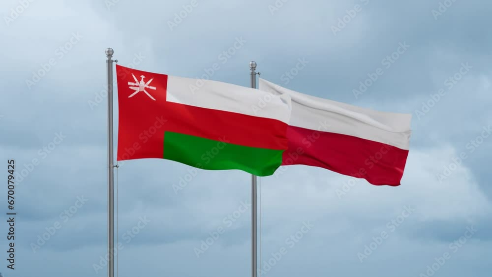 Poland and Oman flag waving together on cloudy sky, endless seamless loop, two country cooperation concept Poland and Oman flag waving together on cloudy sky, endless seamless loop, two country cooperation concept