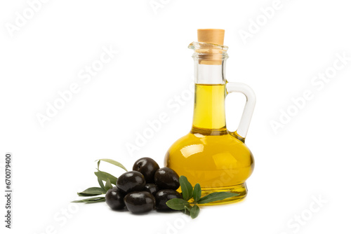 Olive oil in a bottle isolated on white background. Oil bottle with branches and fruits of olives. cooking oil and salad dressing.