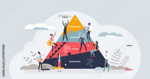 Financial planning with budgeting, saving, investing and retirement levels on labeled pyramid tiny person concept. Personal finance strategy vector illustration. Wealth assets effective management.